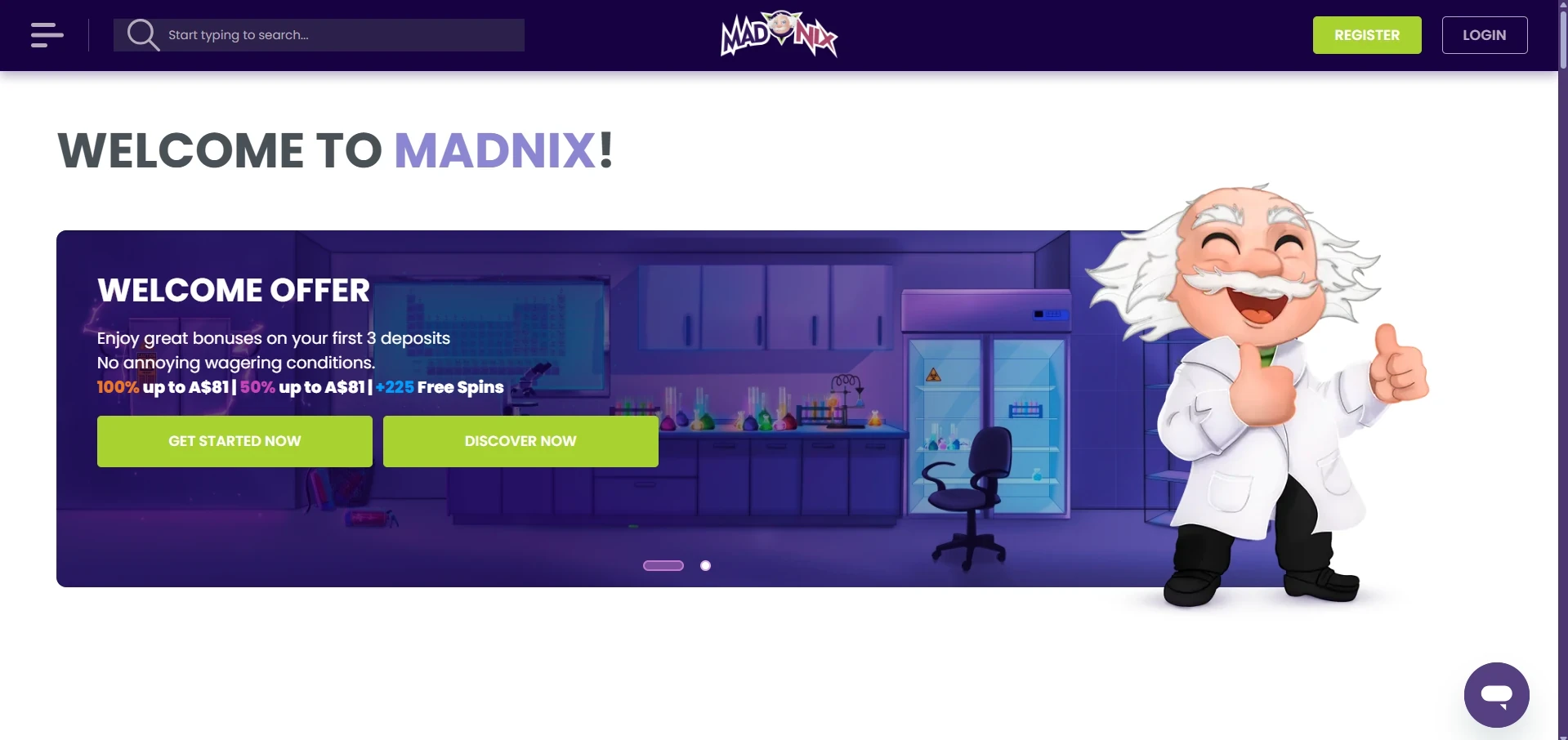 MadNix front page before account creation